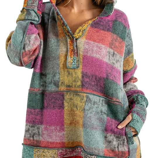 Damen lässiger Block-Check Pullover mit Kapuze und praktischen Taschen R&B
