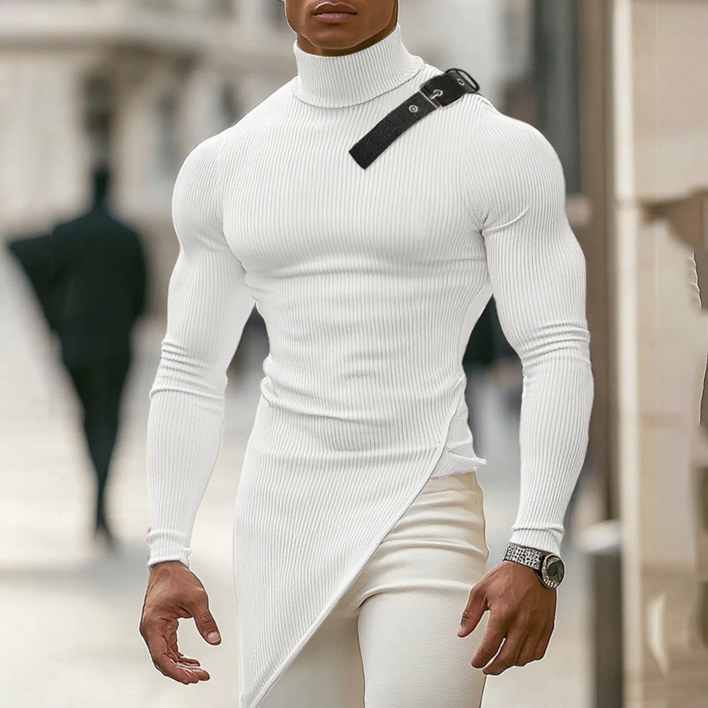 Damen nan asymmetrisches Longsleeve aus Feinstrick mit Stehkragen, diagonalem Saum und verstellbarem Schulterriemen R&B