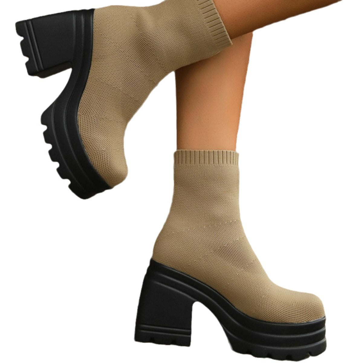 Damen Strick-Stiefeletten mit farbenfrohem Akzent und robustem Blockabsatz R&B