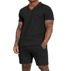 Herren nan kurzärmeliges Halbkragen-Strickset mit feiner Waffelstruktur und gerade geschnittenen Shorts R&B