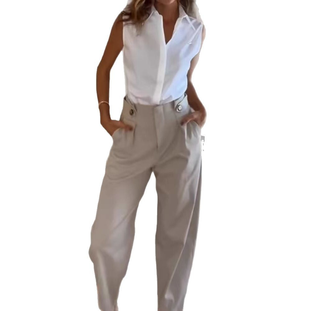 Damen Elegante Hochtaillierte Stoffhose mit Taschen R&B