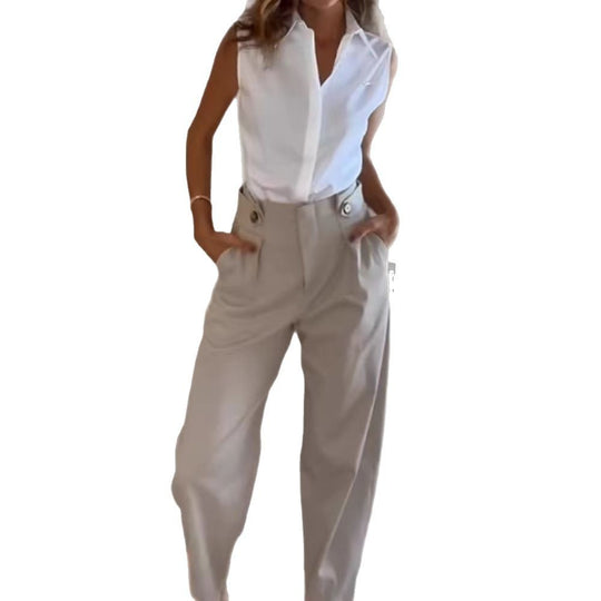 Damen Elegante Hochtaillierte Stoffhose mit Taschen R&B