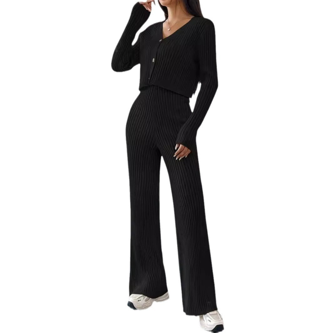 Damen Elegantes Strick-Lounge-Set mit V-Ausschnitt und hohen Bündchen R&B