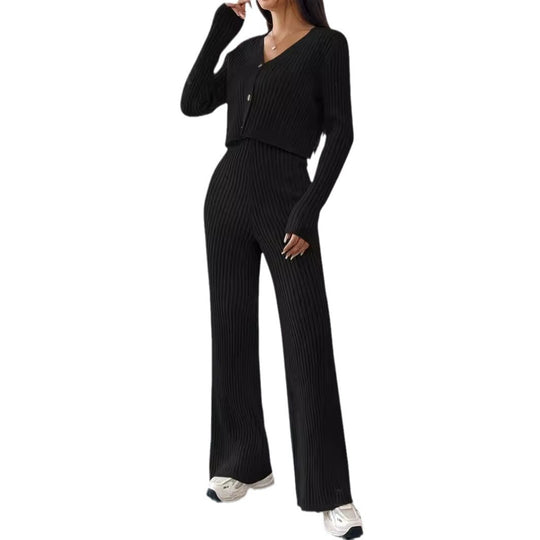 Damen Elegantes Strick-Lounge-Set mit V-Ausschnitt und hohen Bündchen R&B