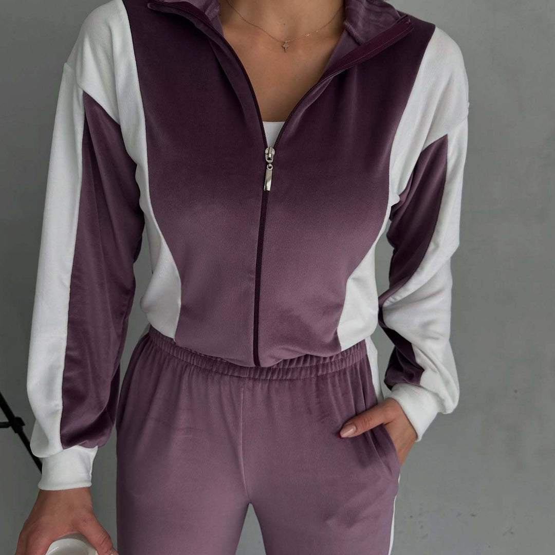 Damen sportlicher Velours Jogginganzug mit Reißverschluss und seitlichen Streifen R&B