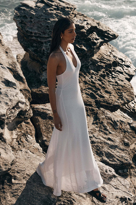 Damen Maxikleid aus feinem Netzstrick mit tiefem V-Ausschnitt R&B