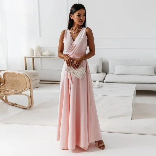 Damen einfarbig V-Ausschnitt Langes Kleid