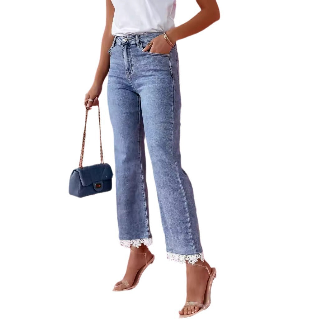 Damen Weit geschnittene Jeans mit Spitzenabschluss R&B