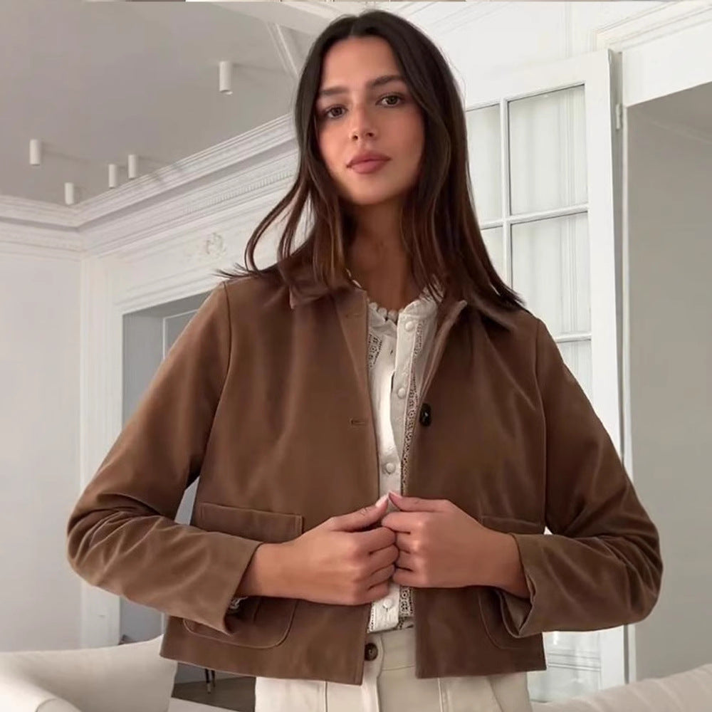 Damen modische Kurzjacke mit hochgeschlossenem Kragen und praktischen Taschen R&B