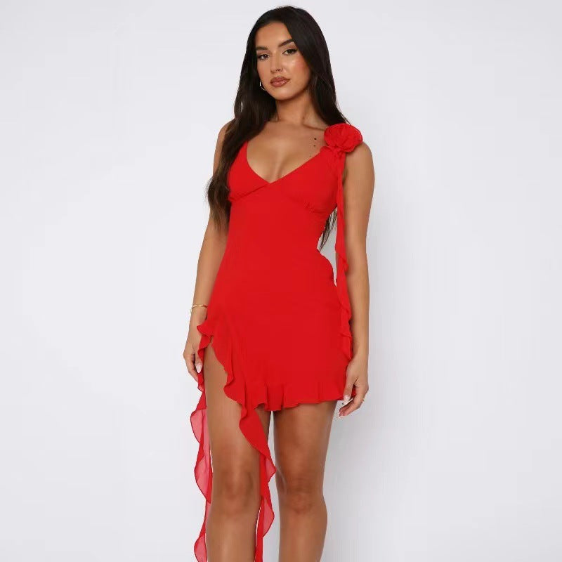 Damen Verspieltes Wickelkleid mit Rüschen und tiefem V-Ausschnitt R&B