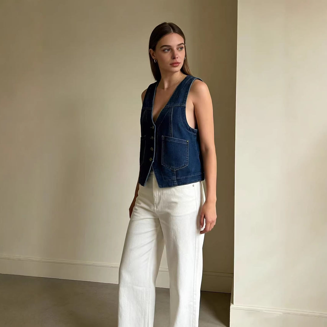 Damen lässige Denim-Weste mit Knopfdetails und aufgesetzten Taschen R&B