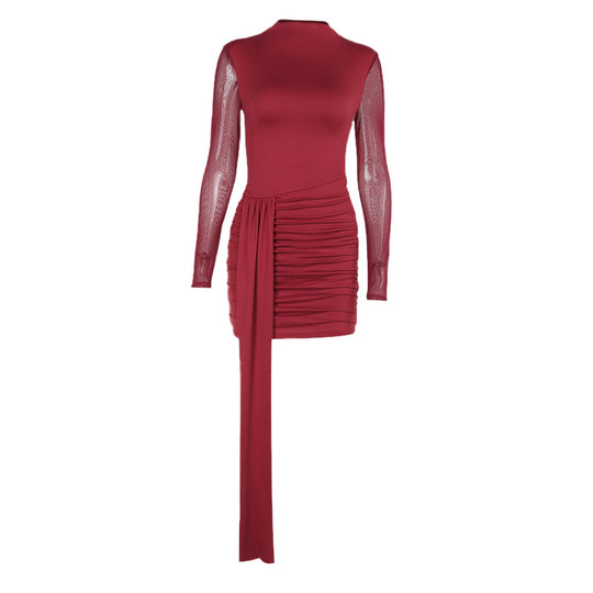 Damen elegantes, figurbetontes Minikleid mit langem Arm und asymmetrischem Saum R&B