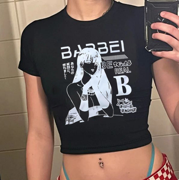 Damen Crop-T-Shirt mit kreativem Skelettdesign und inspirierendem Schriftzug R&B