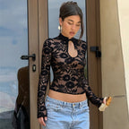 Damen Elegantes Spitzenoberteil mit hochgeschlossenem Design und floralem Muster R&B