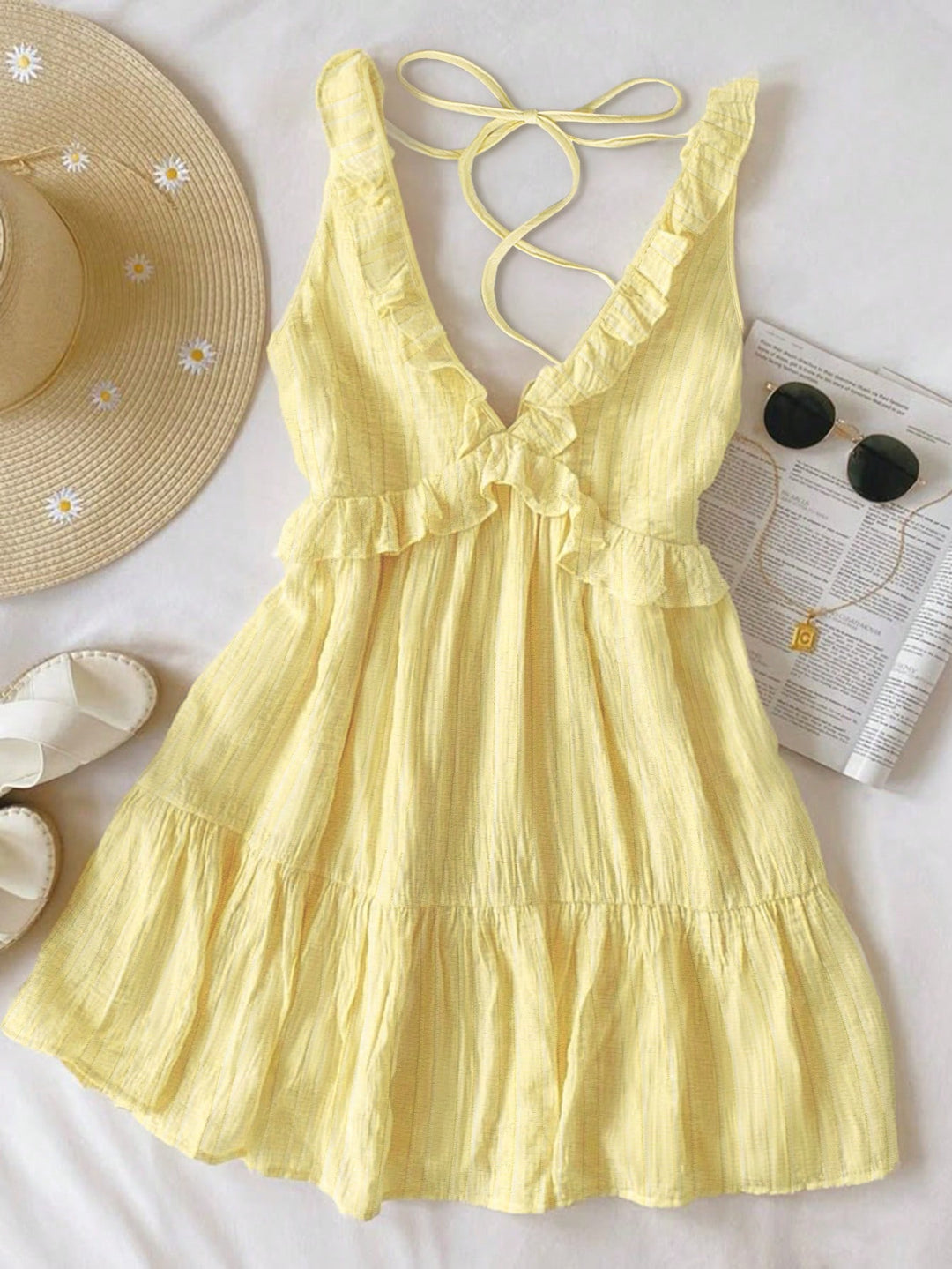 Damen luftiges Sommerkleid mit Volantdetails und verstellbarem Rückenschnürung R&B
