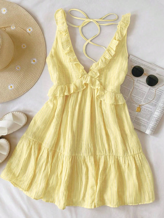 Damen luftiges Sommerkleid mit Volantdetails und verstellbarem Rückenschnürung R&B