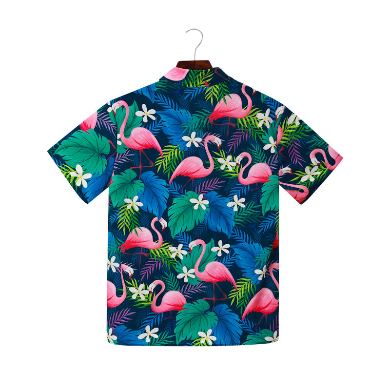 Herren Kurzarmhemd mit lebendigem Flamingo-Muster und atmungsaktiver Baumwolle R&B