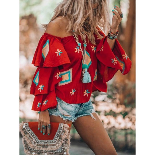 Damen Off-Shoulder Oberteil mit voluminösen Rüschen R&B