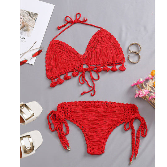 Damen Häkel-Bikini-Set mit fransigen Akzenten und verstellbaren Trägern R&B