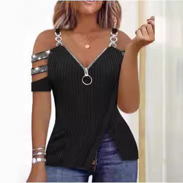 Damen Trendy Off-Shoulder Top mit Reißverschluss und Designer-Riemen R&B