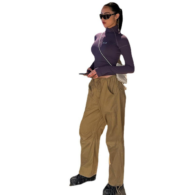 Damen nan figurbetontes Langarm-Zip-Top mit tiefem V-Ausschnitt und elastischem Funktionsstretch R&B