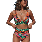 Damen Hochtailliertes Bikini-Set mit modischem Leoparden- und Blumenmuster R&B