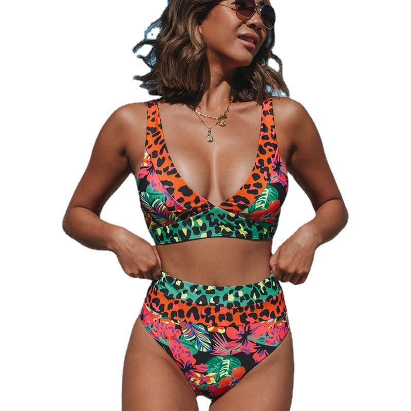 Damen Hochtailliertes Bikini-Set mit modischem Leoparden- und Blumenmuster R&B