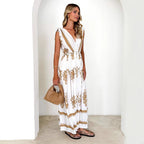 Damen Maxikleid mit kunstvollem geometrischen Muster und elegantem V-Ausschnitt R&B