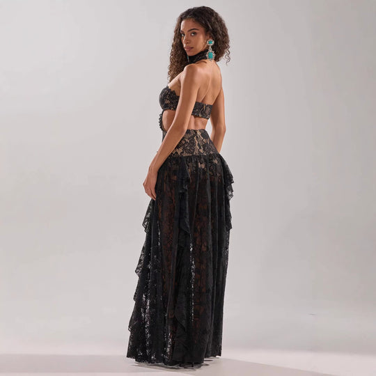 Damen elegante Spitzentraumkleid mit hochgeschlossenem Kragen und fließendem Rock R&B