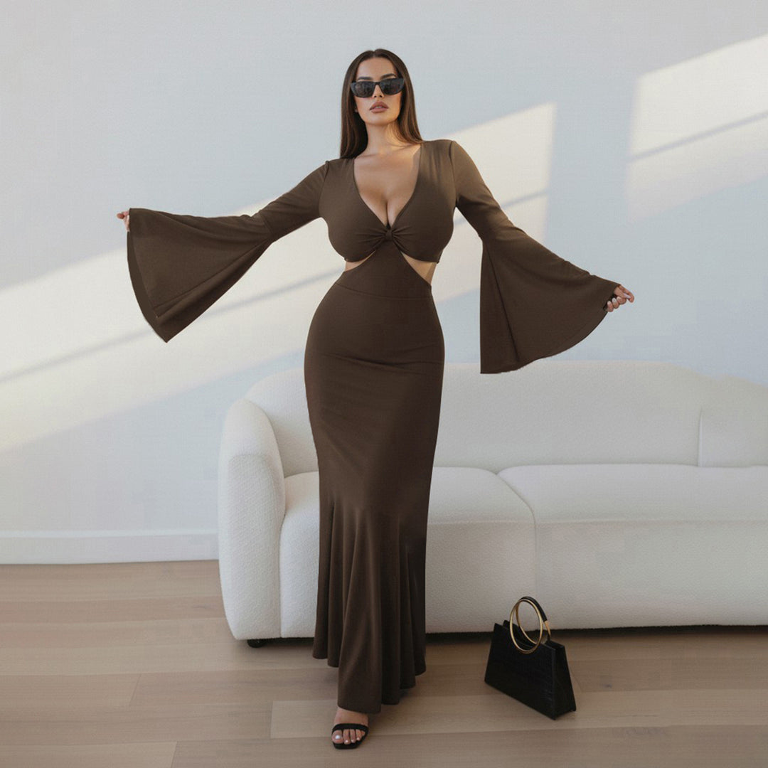 Damen elegantes Maxikleid mit großzügigen Trompetenärmeln und raffiniertem Cut-Out R&B