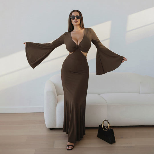 Damen elegantes Maxikleid mit großzügigen Trompetenärmeln und raffiniertem Cut-Out R&B