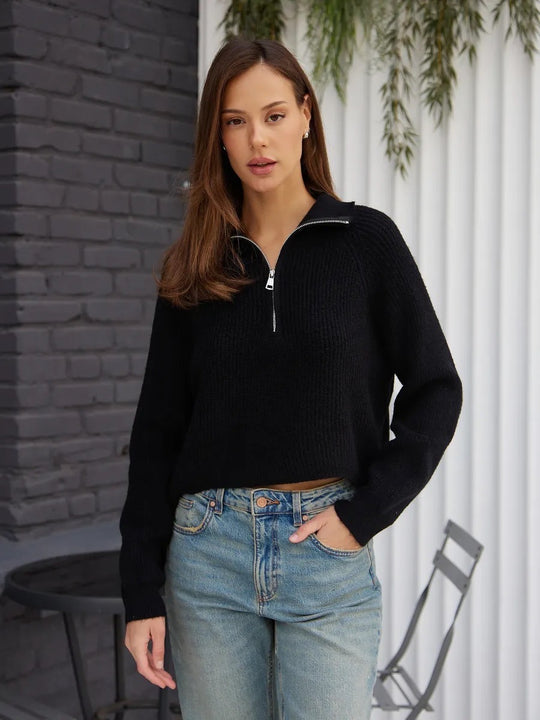 Damen Cozy Pullover mit Kragen und Reißverschluss R&B