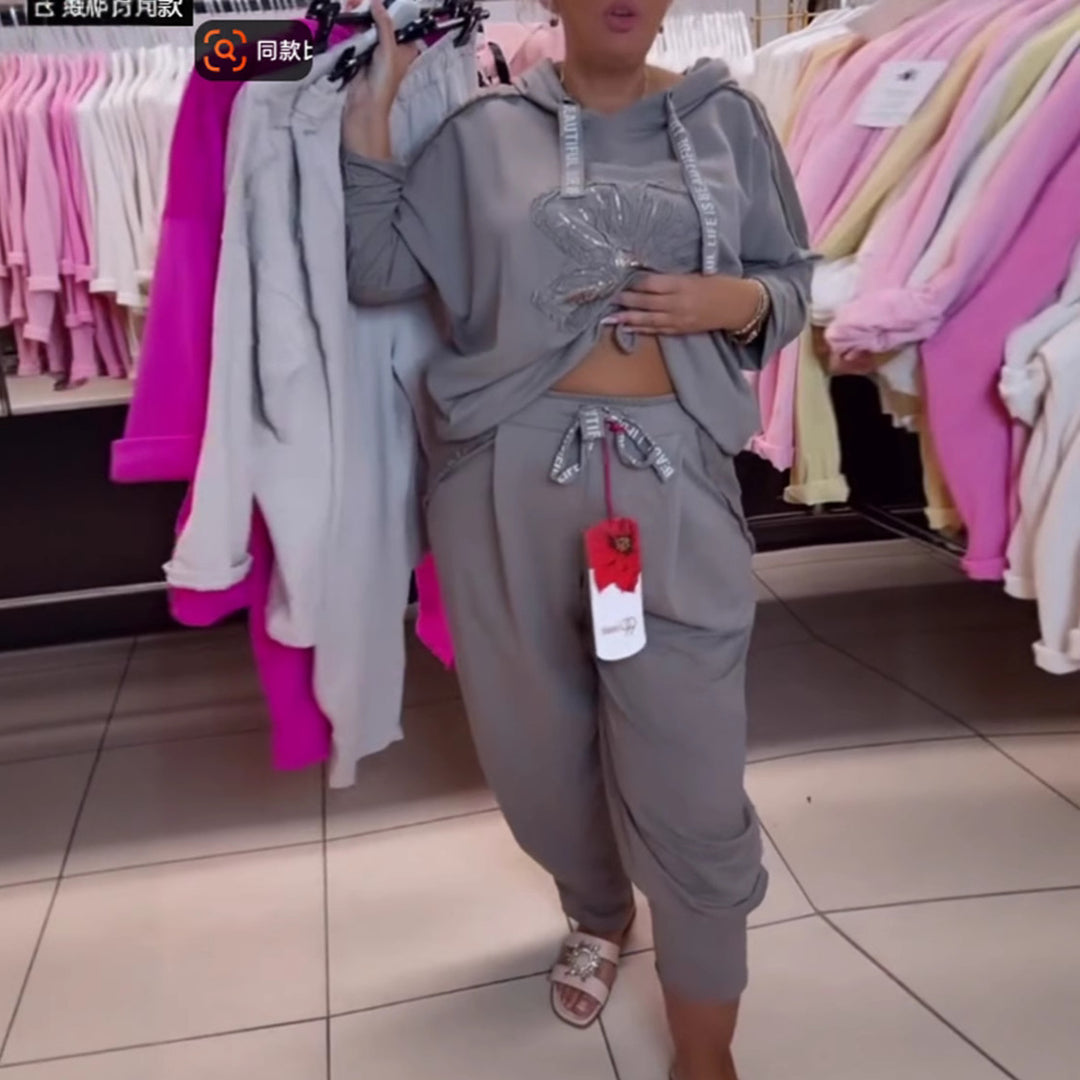 Damen nan entspanntes Lounge-Set mit Blüten-Pailletten-Hoodie, Kordelzug und weiter Bundfaltenhose R&B