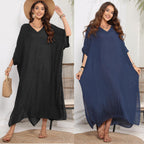 Damen luftiges Sommer-Kleid mit V-Ausschnitt und asymmetrischem Saum R&B