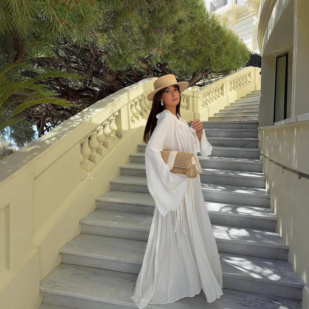 Damen Maxi-Kleid mit elegantem Rüschendesign und tiefem V-Ausschnitt R&B
