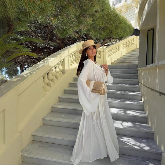 Damen Maxi-Kleid mit elegantem Rüschendesign und tiefem V-Ausschnitt R&B