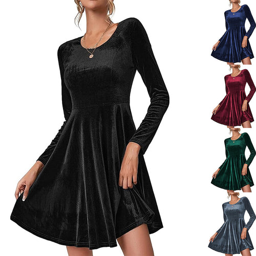 Damen A-Linien Kleid aus samtiger Qualität mit langen Ärmeln und Rundhalsausschnitt R&B