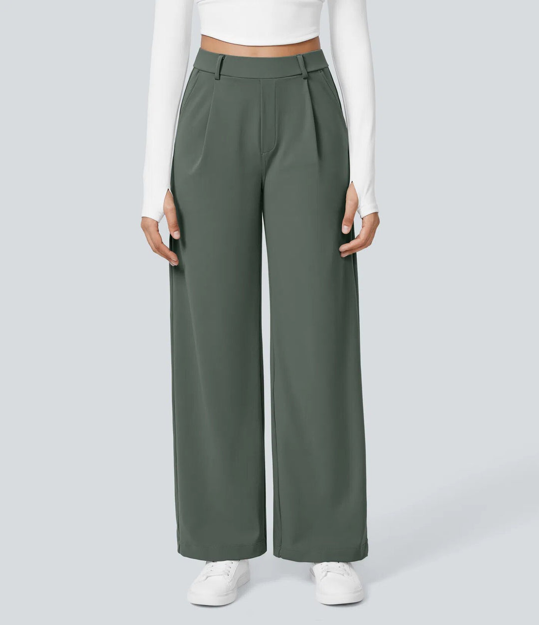 Damen nan hochgeschnittene Bundfaltenhose mit weitem Bein, Gürtelschlaufen und seitlichen Eingrifftaschen R&B