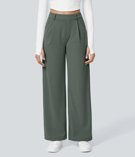 Damen nan hochgeschnittene Bundfaltenhose mit weitem Bein, Gürtelschlaufen und seitlichen Eingrifftaschen R&B