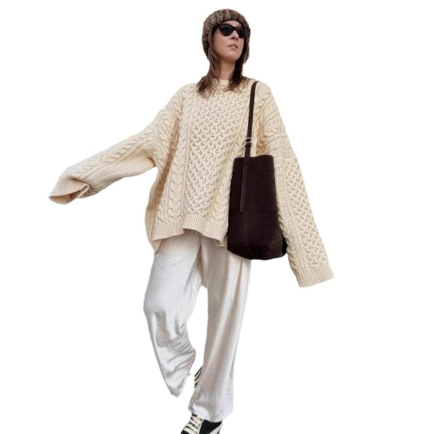 Damen oversize Strickpullover mit Zopfstrickmuster R&B