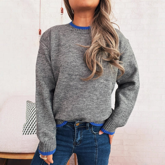 Damen gemütlicher Strickpullover mit kontrastierenden Bündchen und lässigem Schnitt R&B