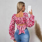 Damen Off-Shoulder Bluse mit Puffärmeln und floralen Mustern R&B