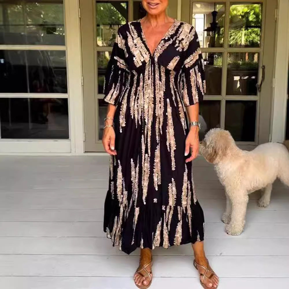 Damen nan Maxikleid mit V-Ausschnitt, vertikalem Pinselprint, geraffter Unterbrustnaht und stufigem Volantrock R&B