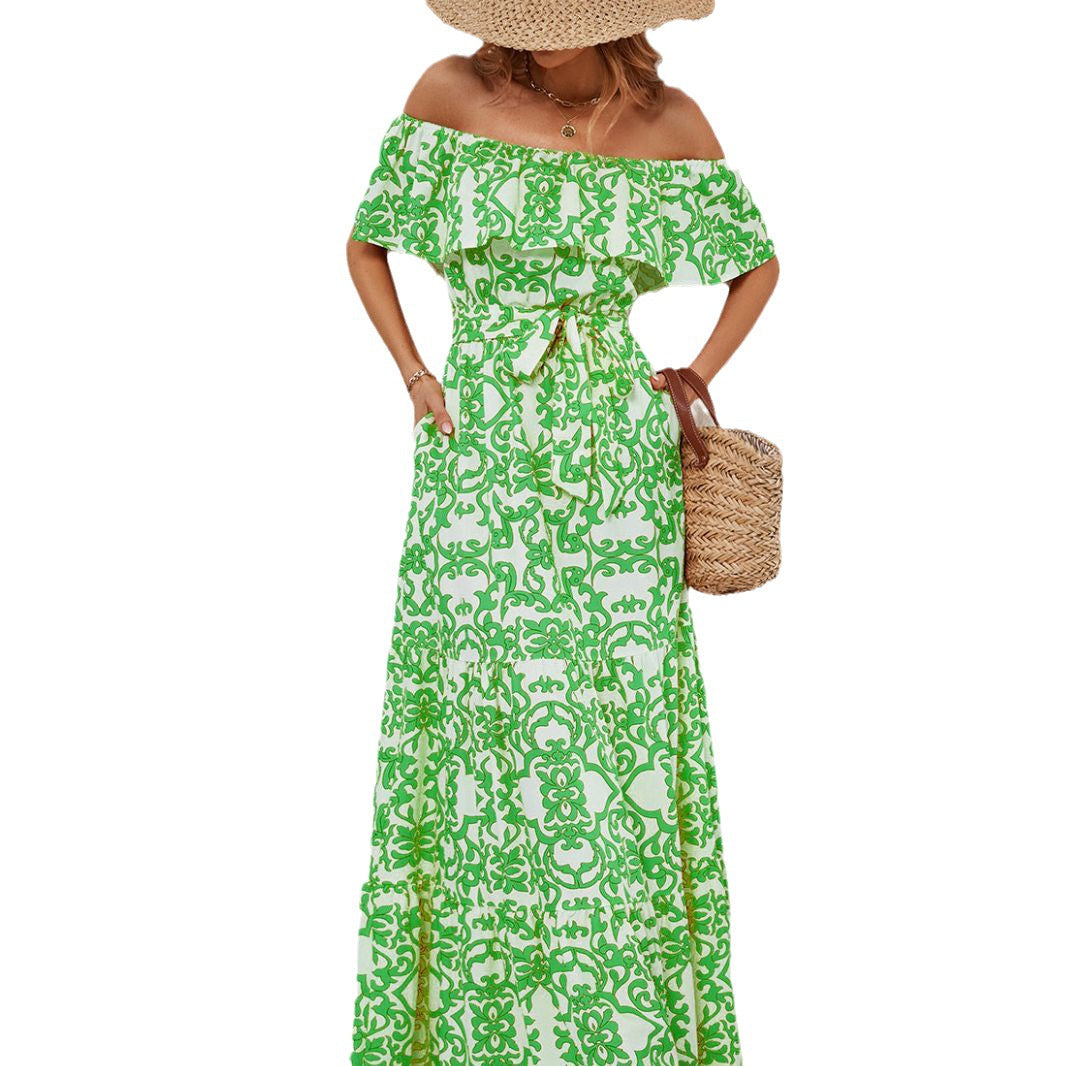 Damen Maxikleid mit schulterfreiem Design, frischem Blätterdruck und elastischer Taillierung R&B