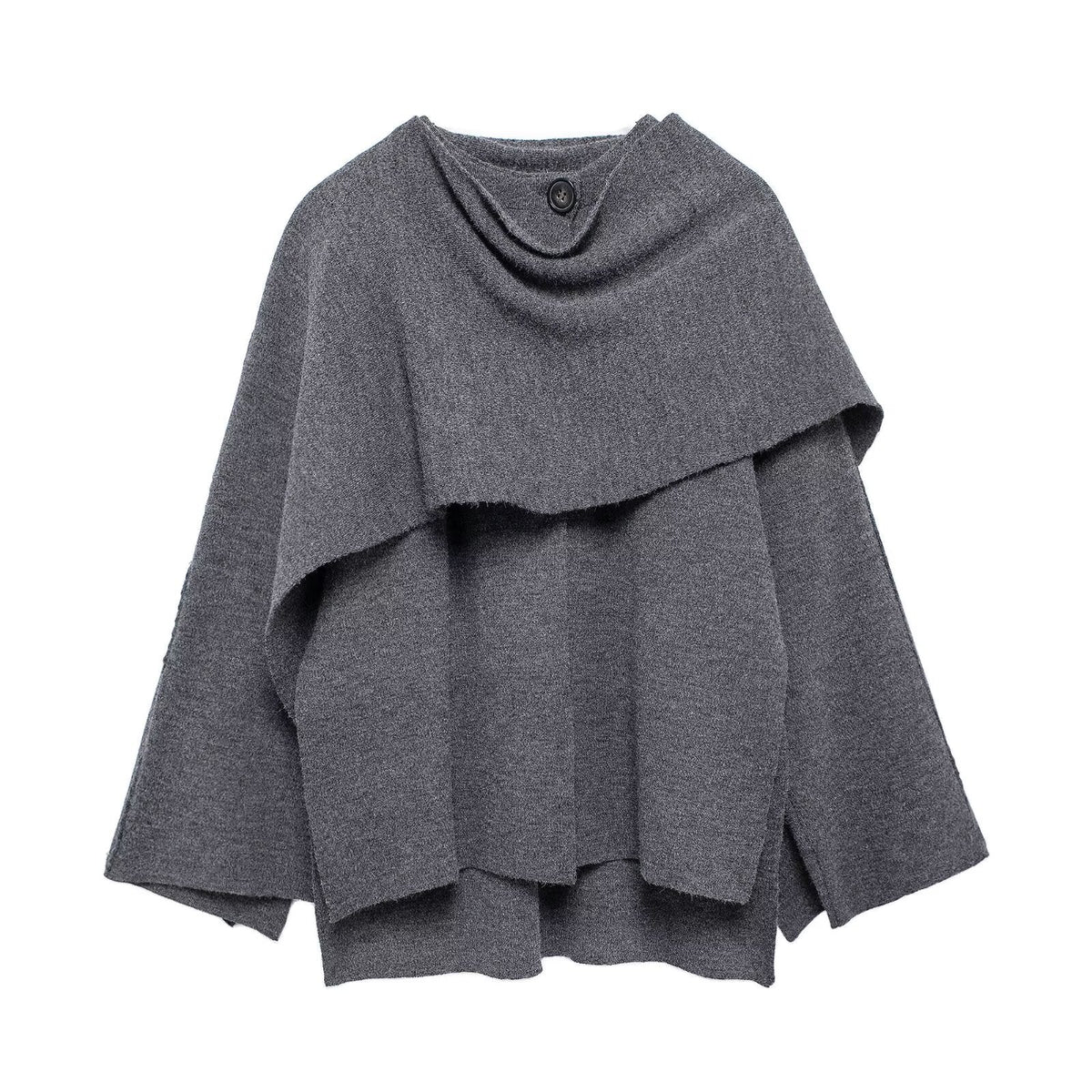 Damen nan zweilagiger Strickponcho mit asymmetrischem Saum und dekorativem Knopfkragen R&B