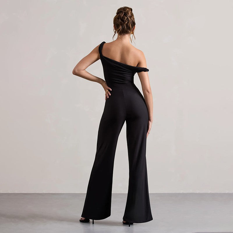 Damen schulterfreier Jumpsuit mit weitem Bein und elastischem Oberteil R&B