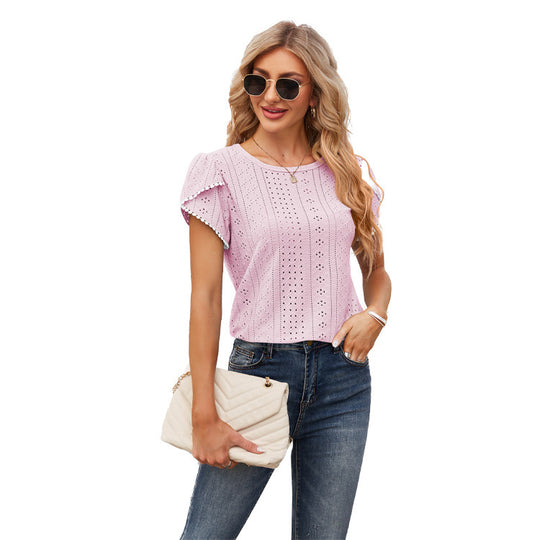 Damen Elegante Bluse mit Rüschenärmeln und Lochmuster R&B