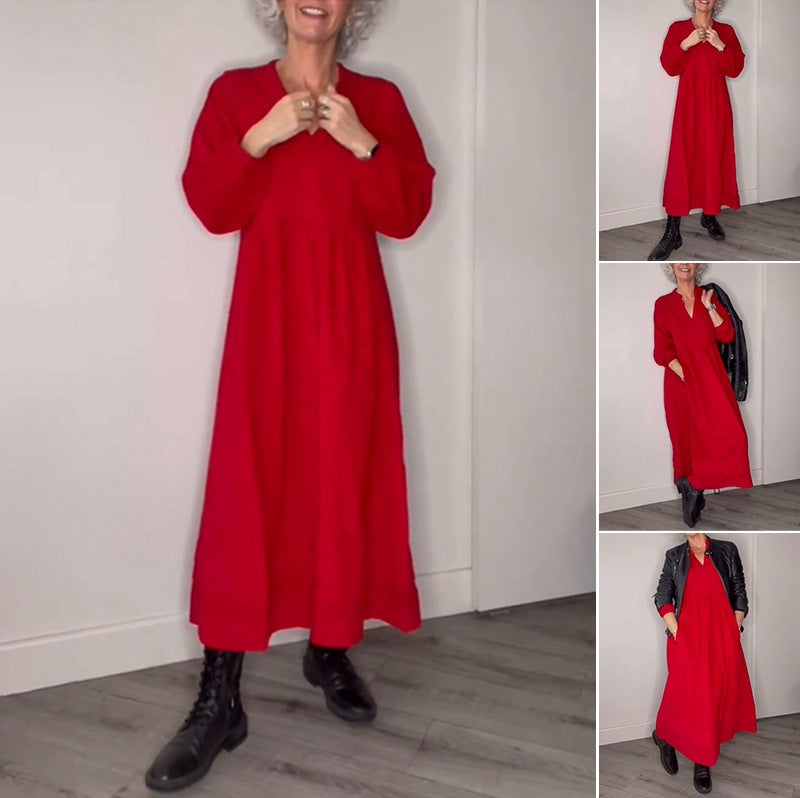 Damen Maxikleid mit lässigem V-Ausschnitt und weiten Ärmeln Heidi-Mode