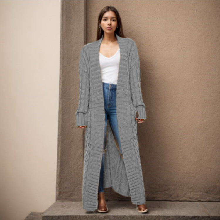 Damen Langer Strickcardigan mit raffiniertem Zopfdesign und praktischen Taschen R&B