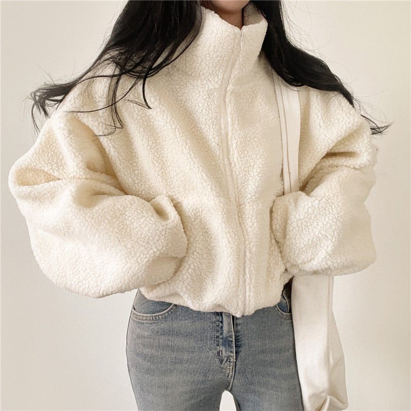 Damen kuschelige Fleece-Jacke mit hohem Kragen und Reißverschluss R&B